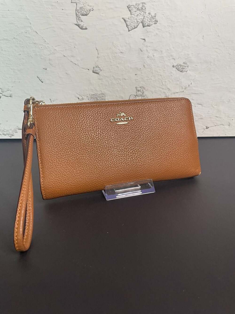 Coach Double Zip Pebble Leather Wristlet Wallet in Brown